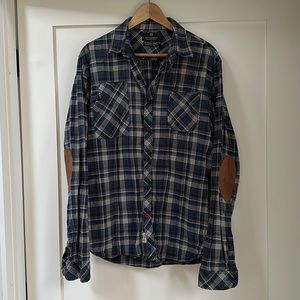Scotch and Soda plaid button down casual dress shirt with leather elbows L XL